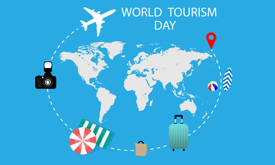 Map and plane for world tourism day, vector art illustration.