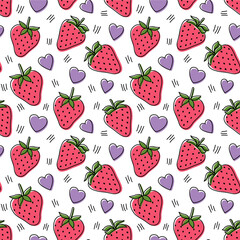 Seamless pattern with strawberries and hearts, vector illustration