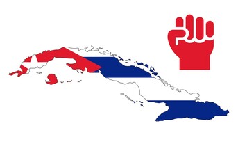 Mapa de Cuba con la bandera y el puño en rojo en señal de lucha por la libertad sobre fondo blanco © Gabrieuskal