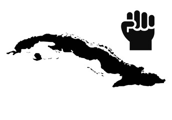  Mapa de Cuba y puño en señal de lucha en negro sobre fondo blanco. © Gabrieuskal