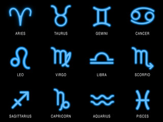 Astrology Zodiac Signs in Neon Blue with Labels