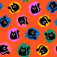 Abstract Hand Drawing Cute Furry Cats and Brush Strokes Seamless Pattern Isolated Background