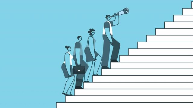 Team walk up the stairs with male leader in front. Career Growth and Teamwork Concepts. Flat Design Cartoon Characters Isolated Loop 2d Animation