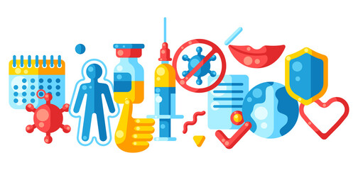 Vaccination concept background with vaccine icons. Immunization items. Health care and protection from virus.