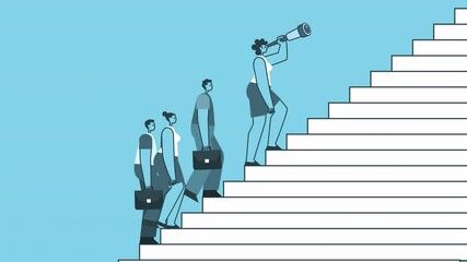 Team walk up the stairs with woman leader in front. Flat Design Cartoon Characters Isolated Loop 2d Animation. Career Growth and Teamwork Concepts