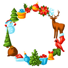 Merry Christmas frame design. Holiday decorations in cartoon style.