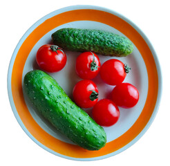  red tomatoes and cucumbers on a decorative plate on a white background