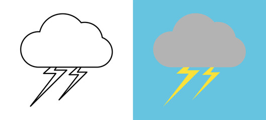 Set with different weather icons. Icons of cloud and lightning on a white and blue background. Cloudy vector logo. Linear and color logo.