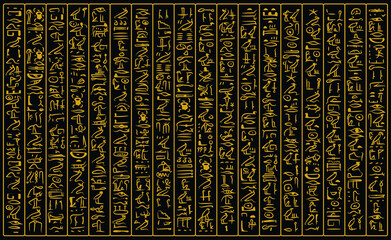 Ancient golden egyptian hieroglyphs alphabet pattern over black background. Ancient egyptian and ancient culture concept