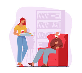 Caregiver Female Character Bringing Food to Old Man. Caregiving of Elderly Concept. Help to Seniors during Pandemic