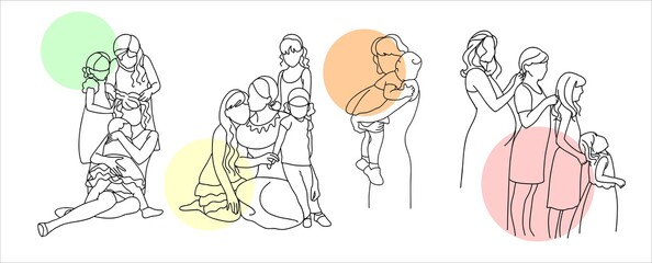 Family, mother with children, large family, grandmother with grandchildren, pregnant. A set of illustrations in a linear style. Vector.