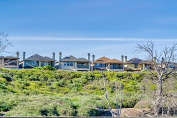 Fototapeta na wymiar Houses amidst lush green foliage and blue sky at Huntington Beach California