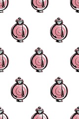 Pink perfume bottle on a white background. Stylish seamless pattern for fabric and packaging. An illustration in the style of a fashion sketch. Vector illustration