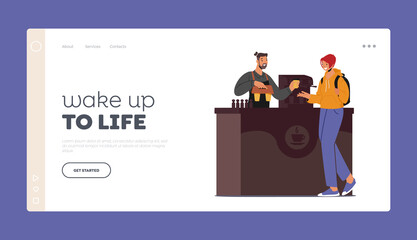 Woman Buying Coffee To Go in Cafe Landing Page Template. Beverage Retail, Takeaway Cold and Hot Drinks, Street Food