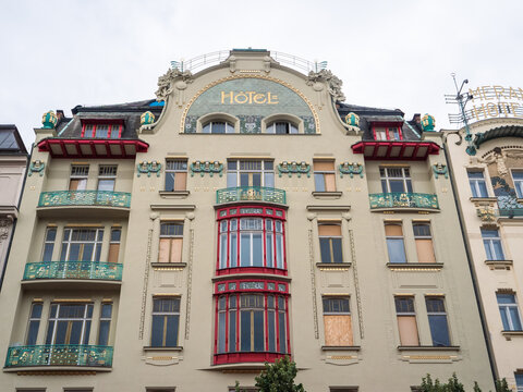 Prague, Czech Republic - July 2 2021: Grand Hotel Evropa or Europa Art Nouveau Facade on Wenceslas Square.