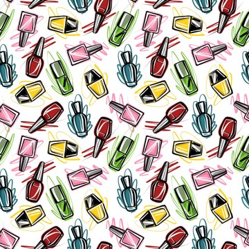 Bright multicolored varnish on a white background. Seamless pattern in the style of a fashion sketch by hand. Vector.