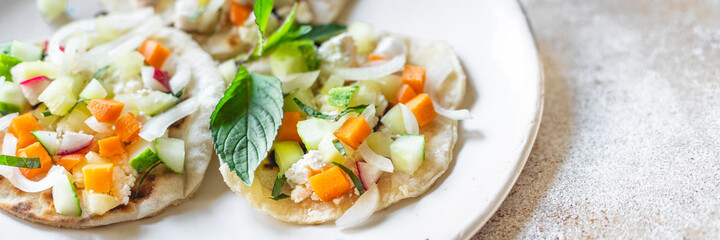 tacos vegetable doner kebab flatbread taco on the table healthy food meal snack copy space food background rustic. top view veggie vegan or vegetarian food