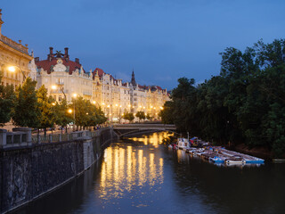 Fototapeta premium Masaryk Embankment and Slavonic Island in Prague at Night