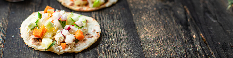 tacos vegetable doner kebab flatbread taco on the table healthy food meal snack copy space food background rustic. top view veggie vegan or vegetarian food