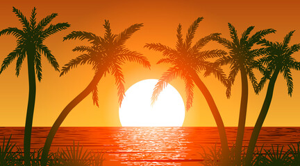 Vector palm trees on ocean shore at sunset