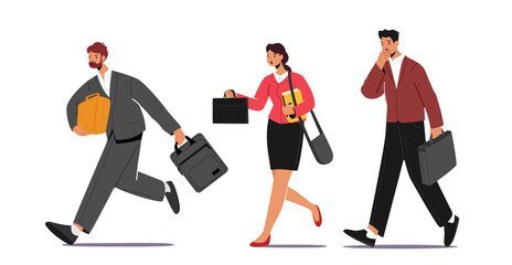 Business Characters Hurry at Work due to Oversleep or Traffic Jam. Businessmen or Businesswomen with Bags Late in Office