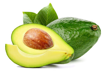 Fresh organic avocado with leaves isolated clipping path