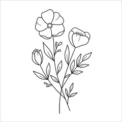 Bouquet of Flowers. Flowers. Cute flowers. Outline drawing. Line vector illustration.  Isolated on white background. Design of invitations, wedding or greeting cards.