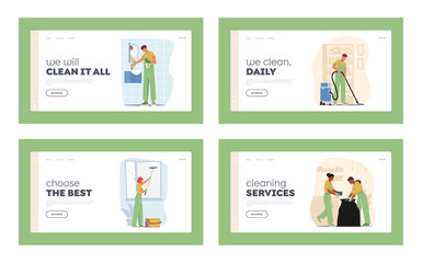 Professional Cleaners Service Work Landing Page Template Set. Characters in Uniform with Equipment Cleaning Windows