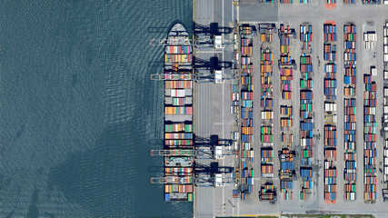 trade, ships and containers looking down aerial view from above, bird’s eye view, port of Santos,...