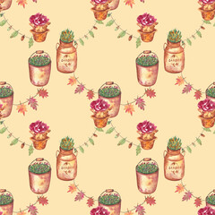 Autumn farmhouse seamless pattern. Watercolor hand drawn elements on a warm yellow-orange background. Cute leaf garlands and flower pots. For home decor, stationery, fabric.
