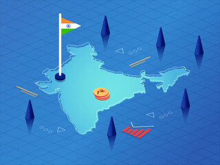 India Map, Flag and Currency Modern Isometric Business and Economy Vector Illustration Design