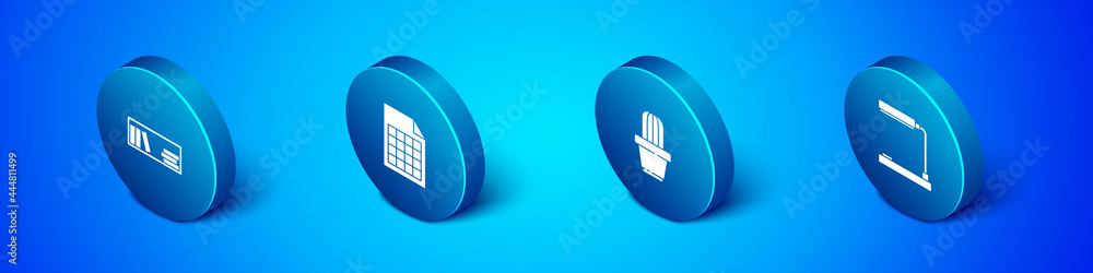 Aufkleber set isometric shelf with books, cactus and succulent in pot, table lamp and file document icon. vect