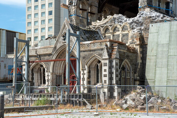 Ruin of famous Christchurch Cathedral after the earthquake of 2011, New Zealand