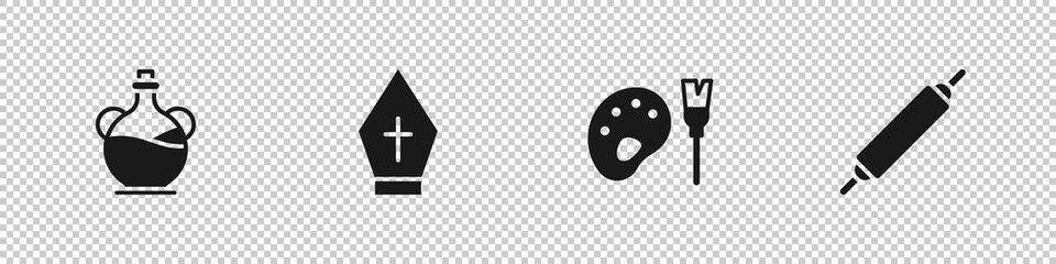 Set Bottle of olive oil, Pope hat, Paint brush with palette and Rolling pin icon. Vector
