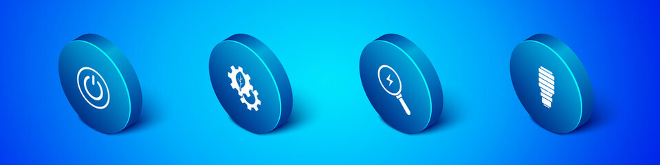 Set Isometric Power button, Lightning bolt, LED light bulb and Leaf plant gear machine icon. Vector