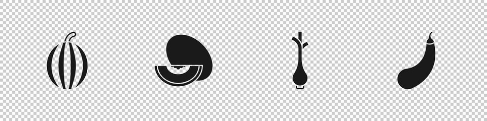 Set Watermelon, Melon fruit, Fresh green onions and Eggplant icon. Vector