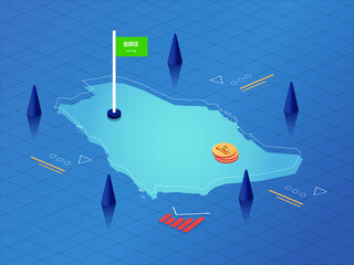 Saudi Arabia Map, Flag and Currency Modern Isometric Business and Economy Vector Illustration Design