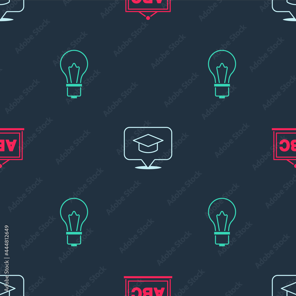 Poster set chalkboard, graduation cap in speech bubble and light bulb with idea on seamless pattern. vector