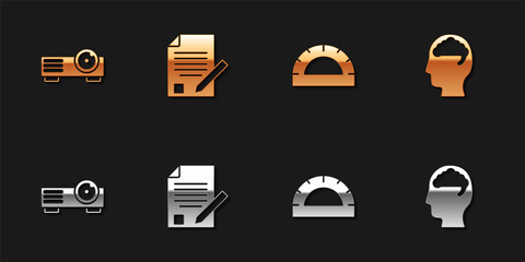 Set Movie, film, media projector, Exam sheet and pencil, Protractor grid and Human brain icon. Vector
