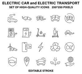 A set of simple, high-quality linear icons about electric cars and electric vehicles.