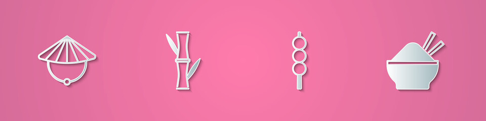 Set paper cut Chinese conical straw hat, Bamboo, Meatballs wooden stick and Rice bowl with chopstick icon. Paper art style. Vector