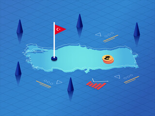turkey Map, Flag and Currency Modern Isometric Business and Economy Vector Illustration Design