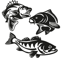 Fish black silhouettes vector icons, fish market and fishing. Pike, perch, river sheatfish and flounder, carp fish. Isolated on white