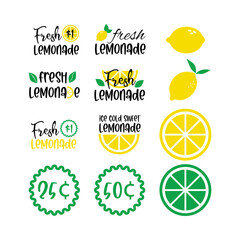 Labels and signs of fresh lemonade with lemon. Vector illustrations for graphic and web design, for stand, restaurant