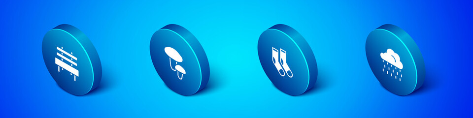 Set Isometric Bench, Socks, Cloud with rain and Mushroom icon. Vector