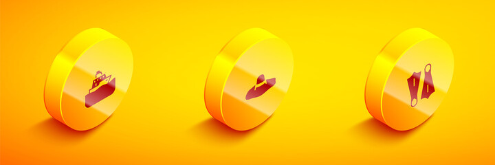 Set Isometric Cruise ship, Elegant women hat and Rubber flippers for swimming icon. Vector © Kostiantyn
