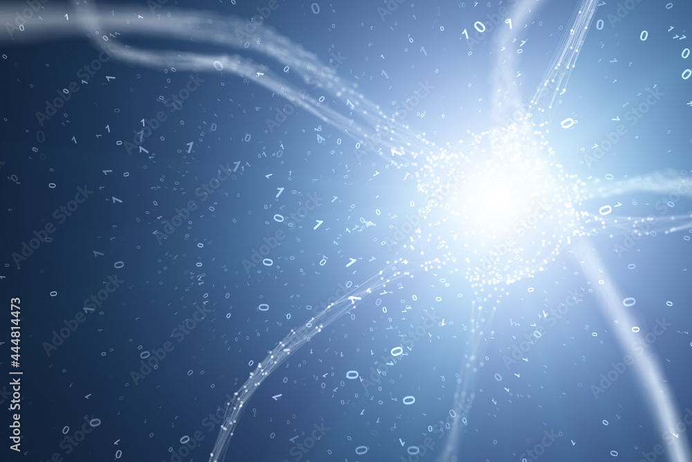 Aufkleber shining blue neuron cell in the brain with binary data illustration background.
