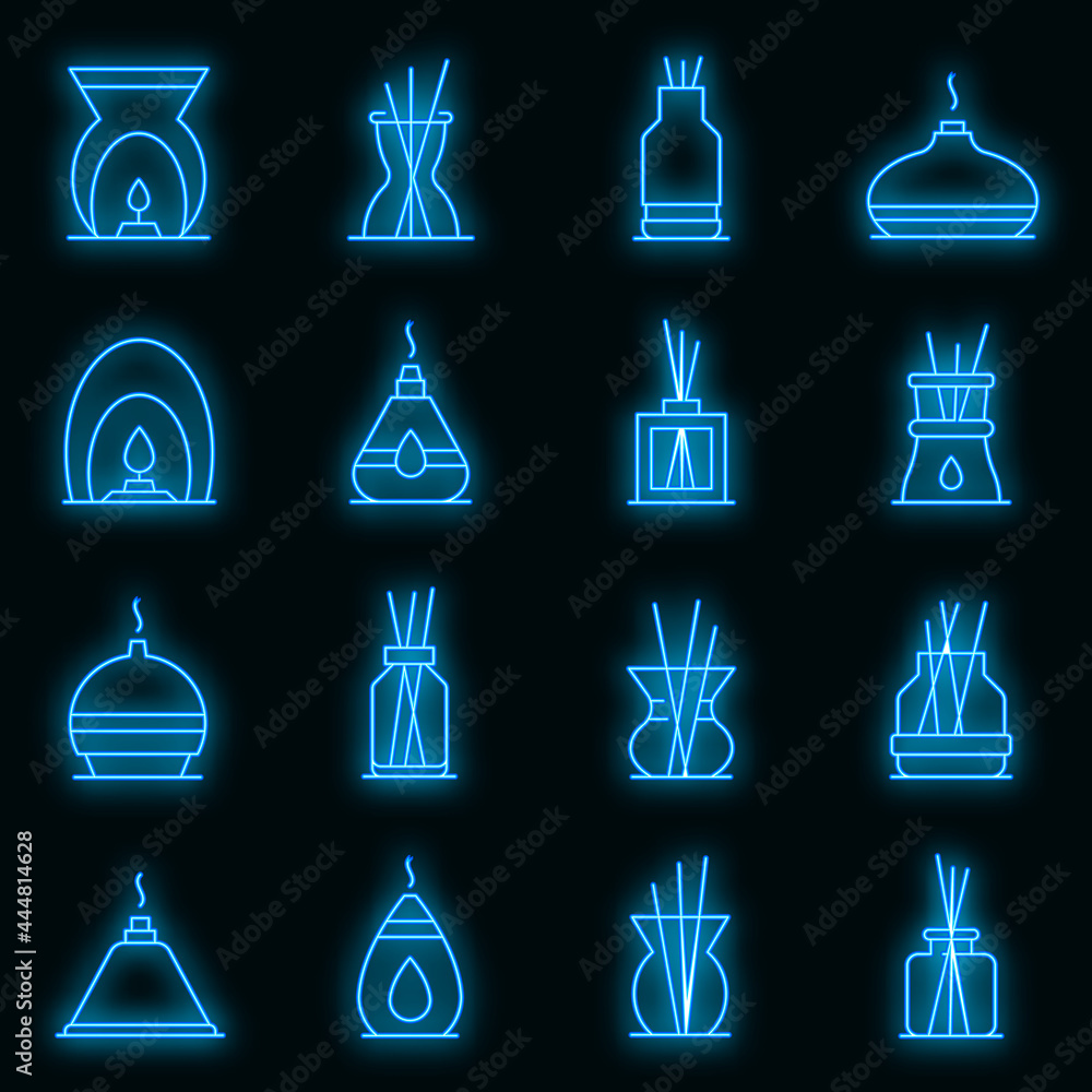 Poster diffuser icons set. outline set of diffuser vector icons neon color on black