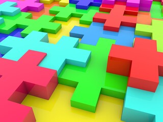 Colored puzzle pieces of different heights