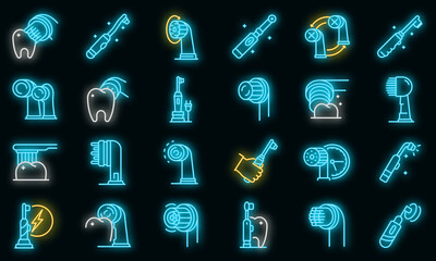 Electric toothbrush icons set. Outline set of electric toothbrush vector icons neon color on black